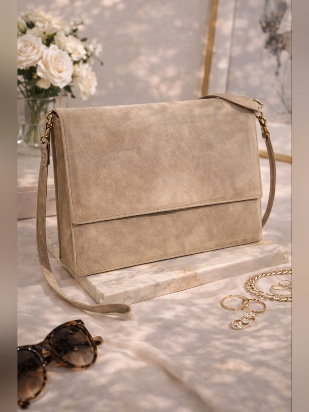 Vintage Suede Shoulder Bag Neutral Minimalist 90s Classic Beige